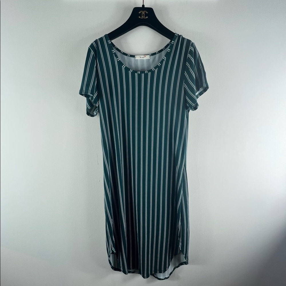 Green, White and Black Striped You and I <3 Scoop Neck Dress - Picture 1 of 3